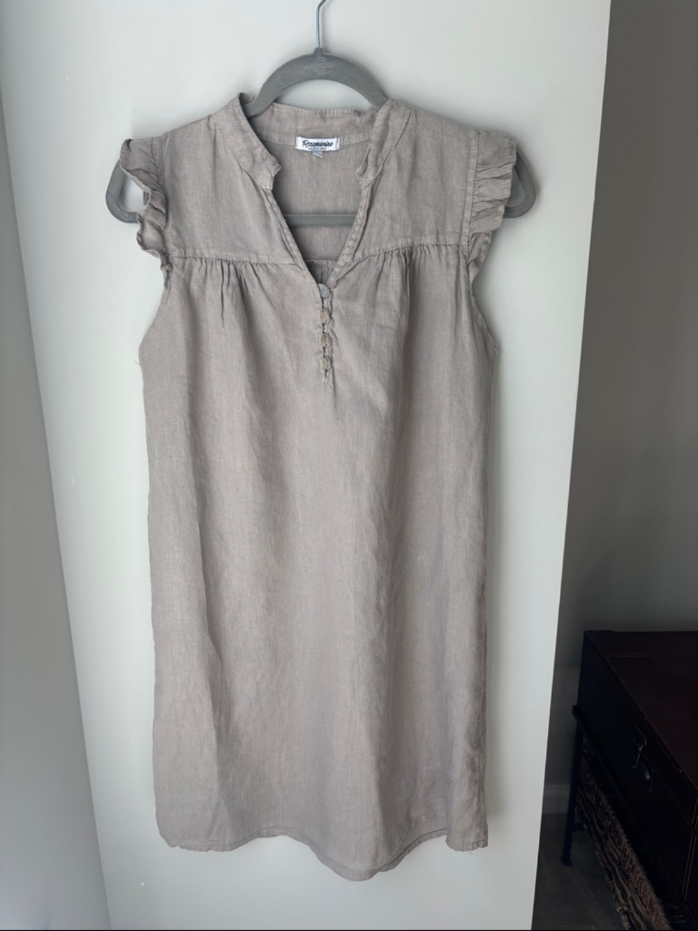 Light Taupe Linen Ruffle-Sleeve Mini Dress